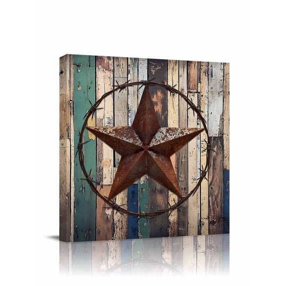 Farmhouse Country Star Canvas Wall Art, Texas Star Shabby Wood Grain Framed Wall Decor Modern Artwork Prints Painting for Living Room, Bedroom, Kitchen & Cafe Decor 20x20 Inch