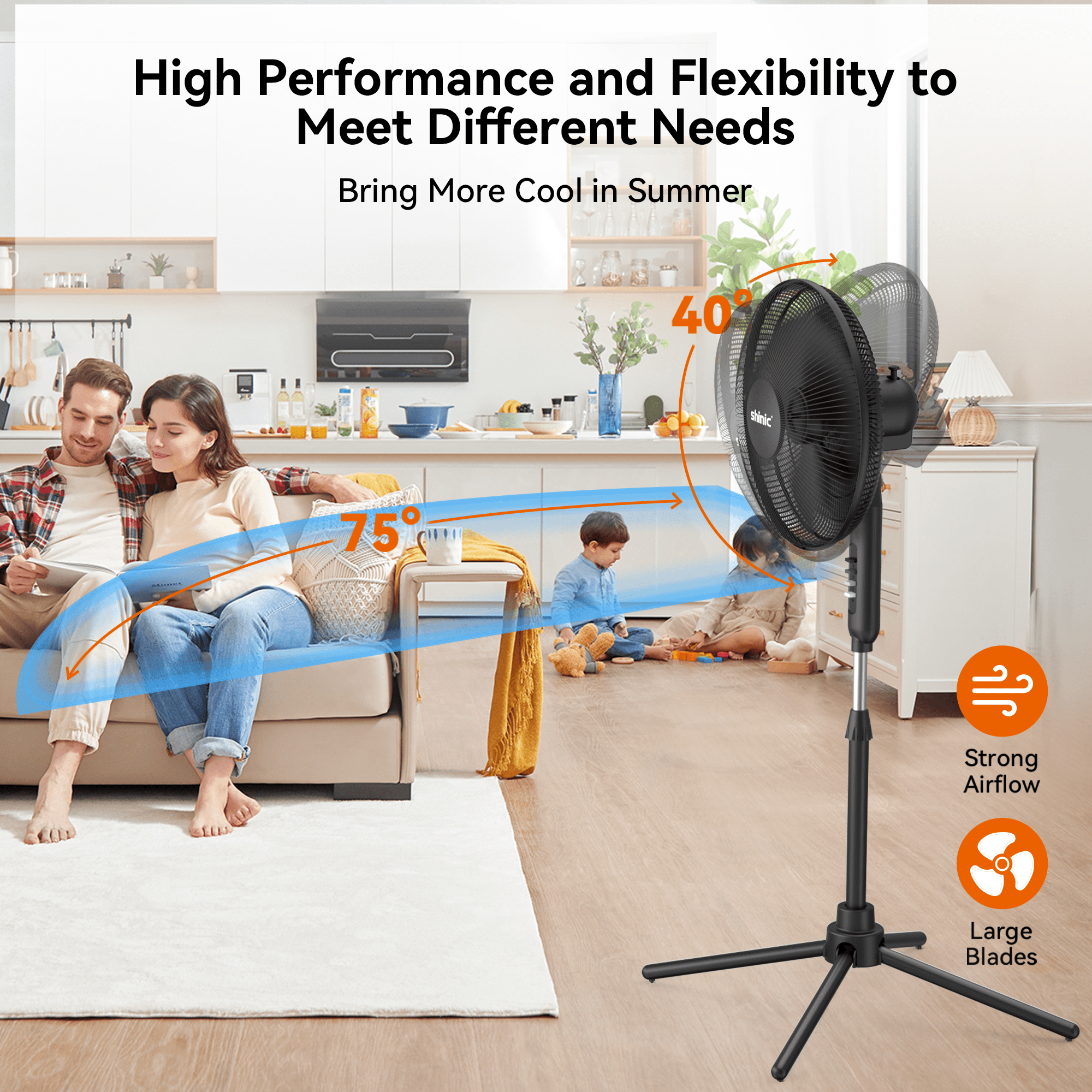 Shinic 16" 3-Speed Oscillating Pedestal Fan with Folding Base, Adjustable Height and Tilt,41"- 47", Black