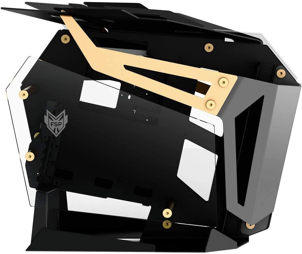 FSP Open Frame Gaming Streaming Case EATX/ATX/Mini- ITX, Dual-System, with 2 Tempered Glass Panels, Aluminum Case, ARGB Center Light Bar (CMT710 T-Wings Gold)