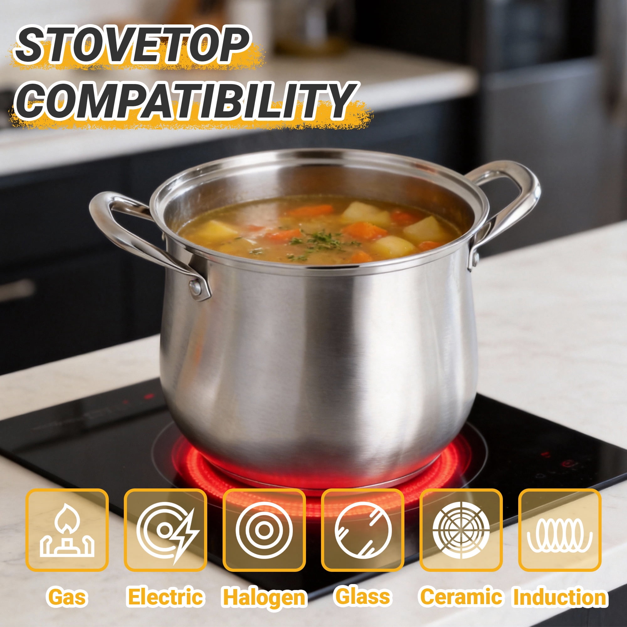 GARITIN Stainless Steel Stock Pot, 8 Quart Induction Cookware with Glass Lid, Nonstick Cooking Pot for Pasta Soup Canning Boiling Simmering