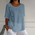 thumbnail image 2 of Women's Fashion 2024 Dressy Casual Tops for Lady Solid Color Vintage Crew Neck Short Sleeve Loose Fit Flowy Tunic Tops Summer Clothes for Teen Girls Blouse with Button Blue T Shirts S, 2 of 8