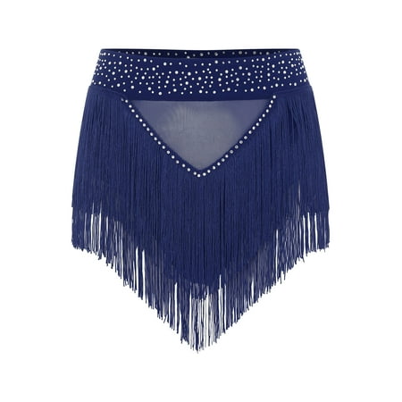 Doomiva Womens See Through Mesh Briefs Underwear Shiny Rhinestone Fringed Belly Dance Skirts Navy Blue L
