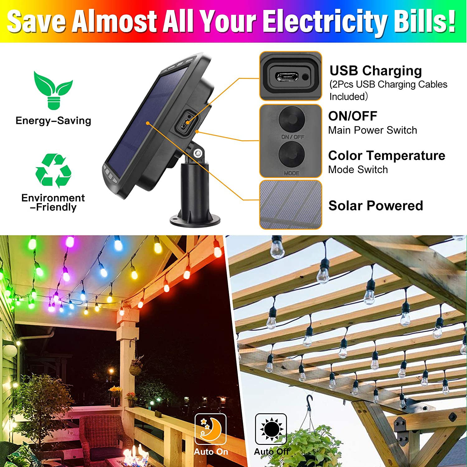 Dimmable Color Changing Patio 2-Pack Each 48FT RGB Solar String Lights Outdoor 