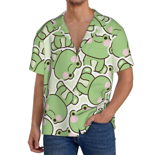 Balery Cute Frog Camisa Casual de Manga Corta con Botones para Hombre, Texturizada, Estilo Cubano, para Playa, Verano-Medium