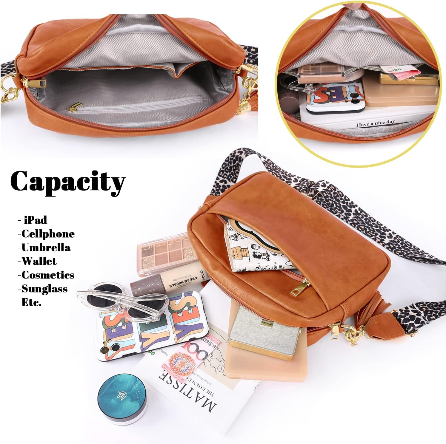 Crossbody Bag for Women Vegan Leather Shoulder Purse with Leopard Adjustable Strap Midsize Zipped Handbag