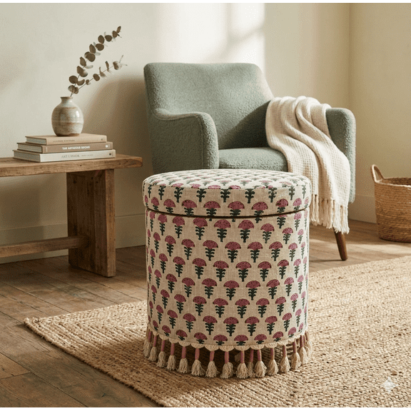 Expobazaar Bohemian Storage Ottoman with Fringes | Upholstered Foot Stool with Hidden Storage, 16x16x18"
