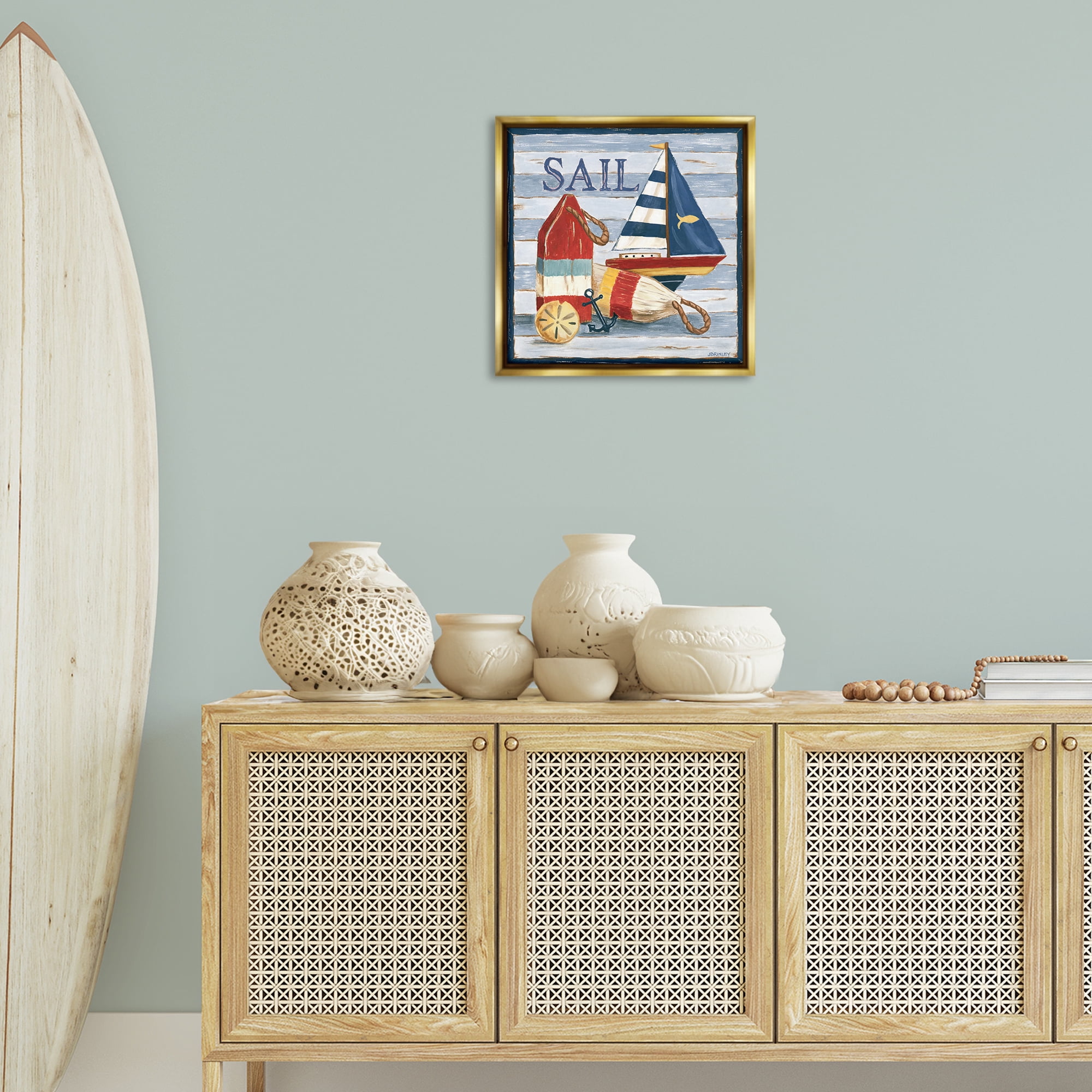 Stupell Industries Sail Boat & Buoys Nautical & Beach Painting Gold Floater Framed Canvas Art Print Wall Art, 18 x 18
