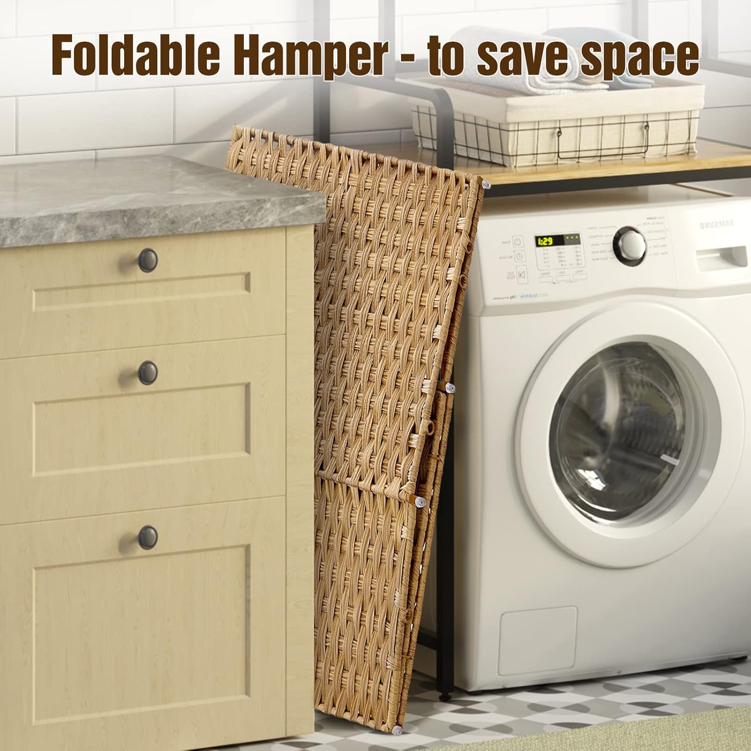 Laundry Hamper with Wheels, No Install Needed, 110L Divided Handwoven Hampers & 2 Removable Liner Bags, Synthetic Rattan Clothes Laundry Basket with Lid & Handles, Foldable Hampers Natural