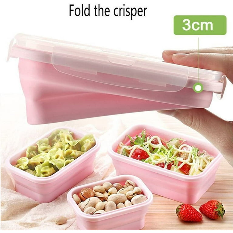 Silicone Lunch Box Portable Collapsible Folding Food Storage Container  Kitchen Microwave, Dishwasher and Freezer Safe Household Picnic bento box  for teens Pink(3pcs) 