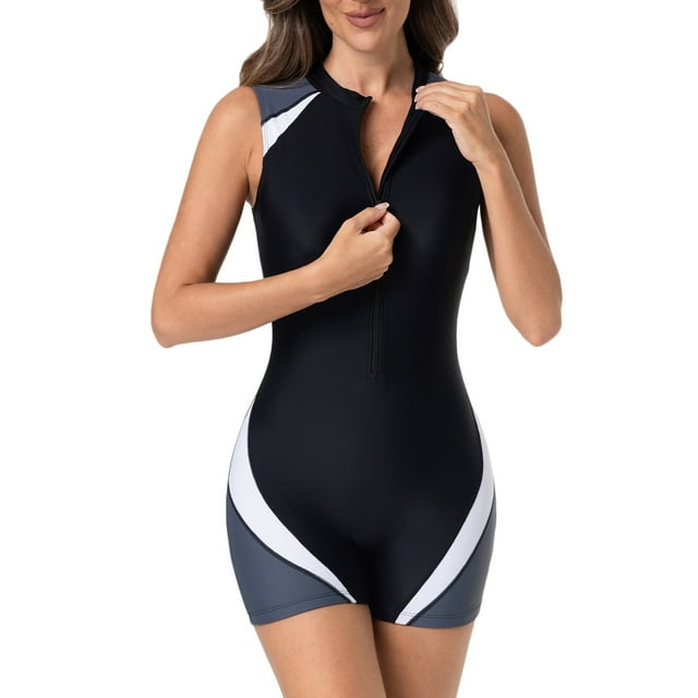 Women's Sleeveless Rash Guard Color Block Zip Front One Piece with Swim Shorts, Athletic Surfing Suit for Ocean