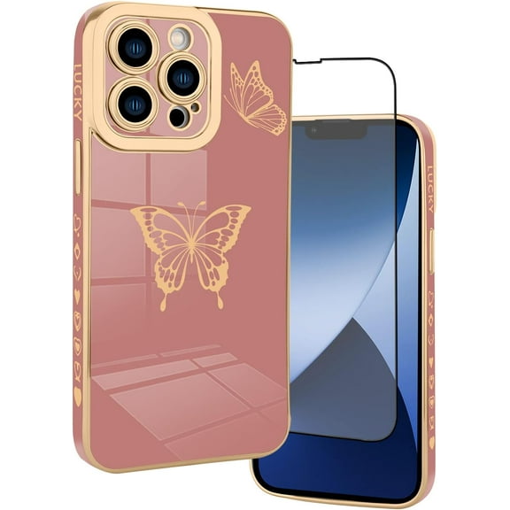 Designed for iPhone 14 Pro Case Cute Butterflies Design for Women Girls,Luxury Plating Edge Bumper Full Camera Lens Protection Cover with Screen Protector for iPhone 14 Pro 6.1"-Pink