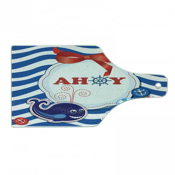 Nursery Cutting Board, Marine Themed Ahoy Lettering Childish Desgn with Whale, Decorative Tempered Glass Cutting and Serving Board, in 3 Sizes, by Ambesonne