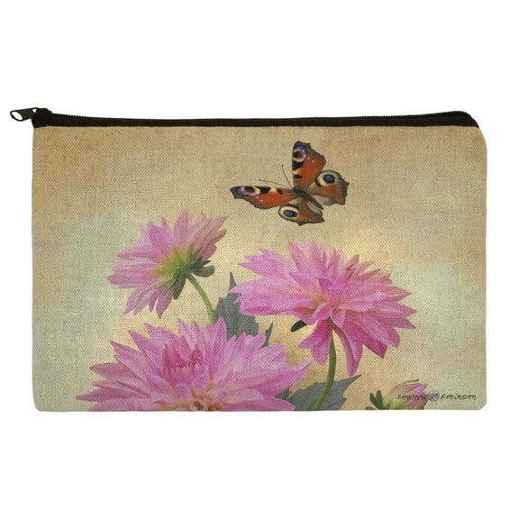 Pink Dahlia Flowers and Butterfly Makeup Cosmetic Bag Organizer Pouch
