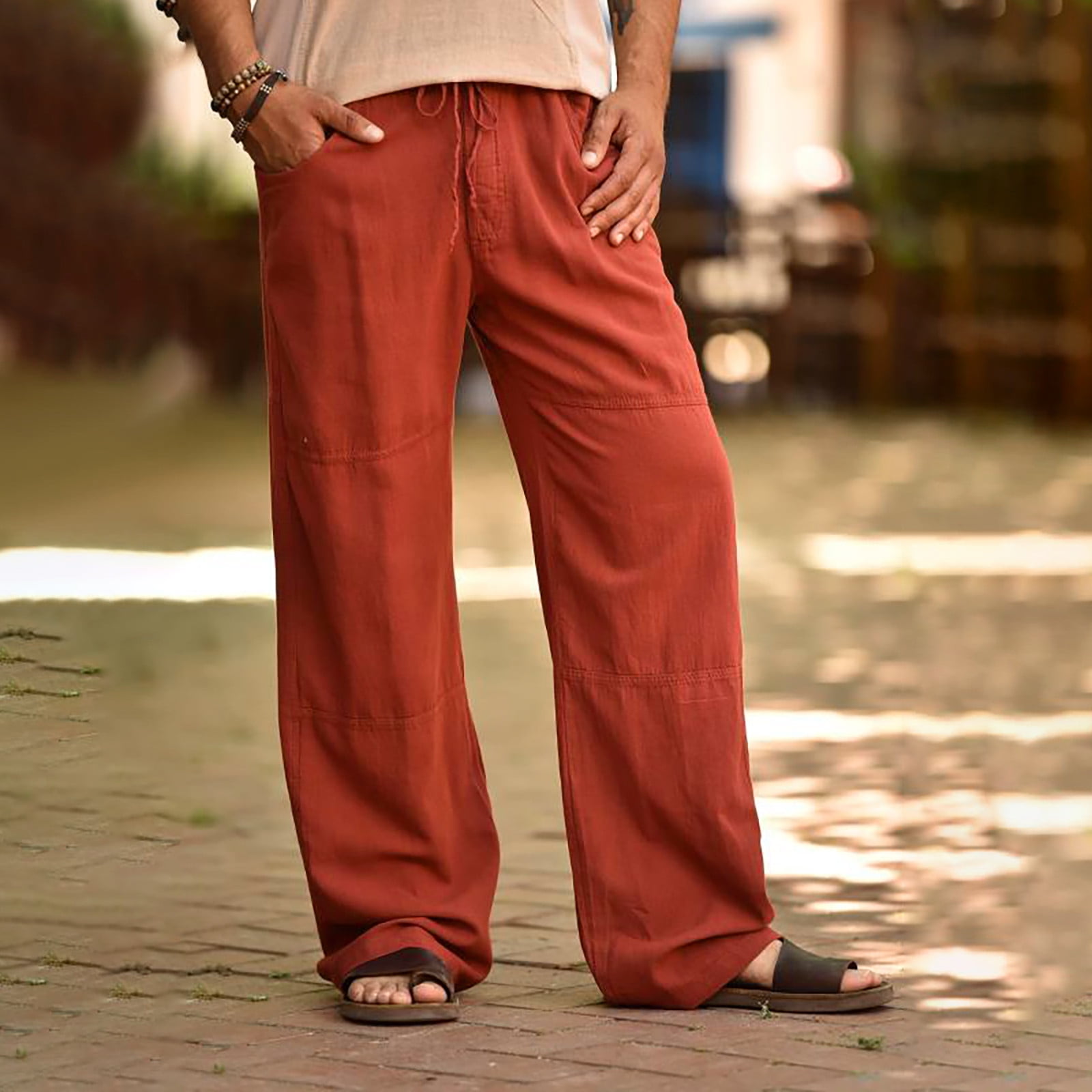 Coolred-Men Solid Elastic Drawstring Cozy Straight Trousers Casual Pant