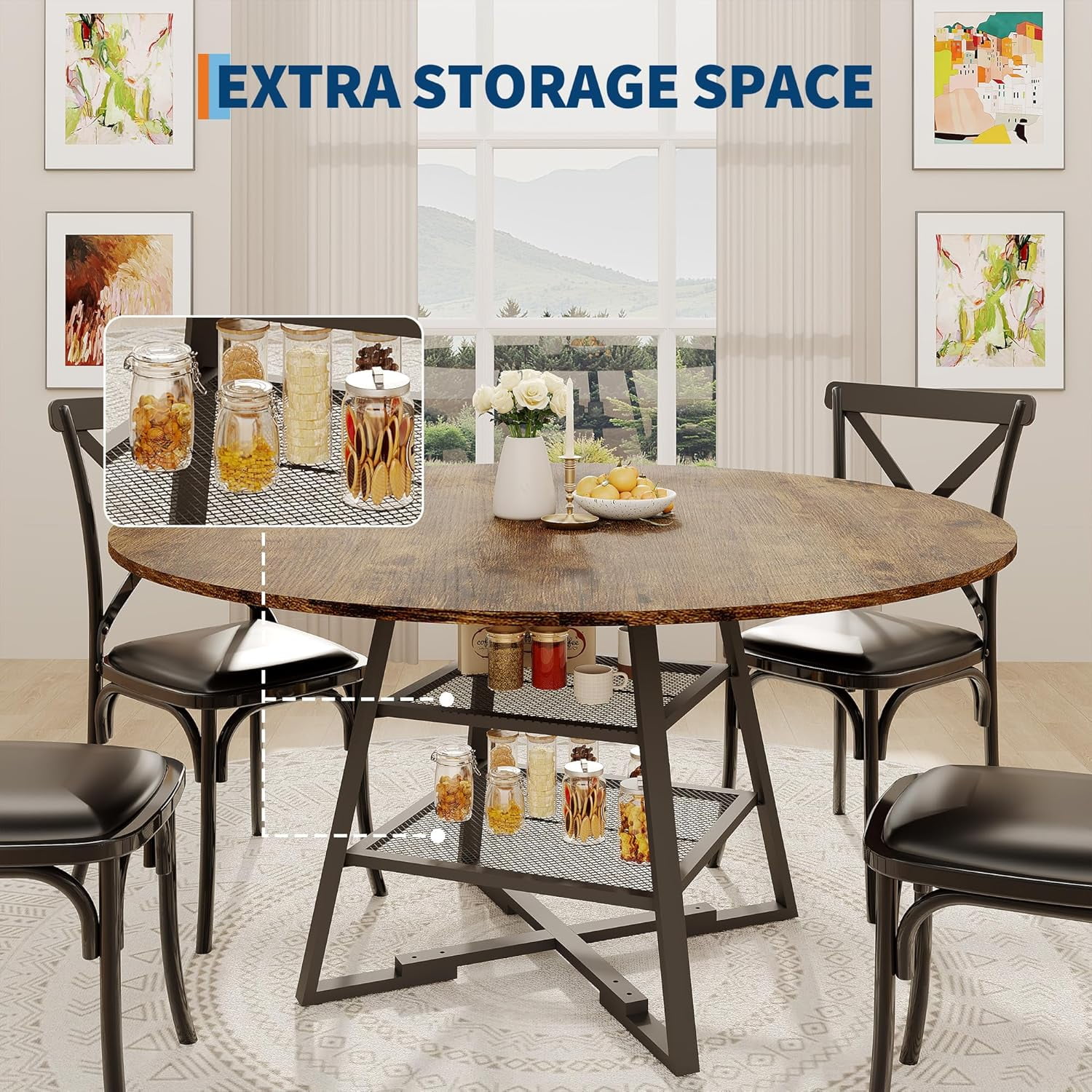 Gaderth Dinning Room Tables for 4, Round Dining Table Set with Storage, Circle Kitchen Dining Table with Metal Base, 47 Inch Wood Kitchen Tables with Storage Shelf【only table】