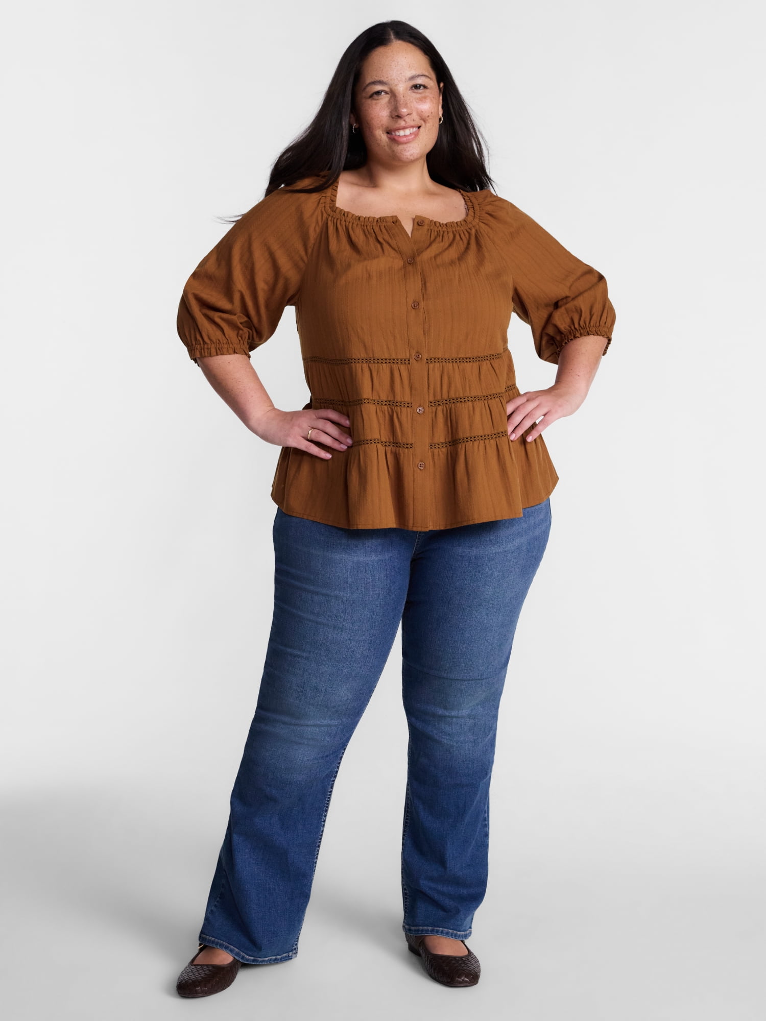Terra & Sky Women's Plus Eyelet Trim Swing Top with Elbow Length Sleeves, Sizes 0X-5X
