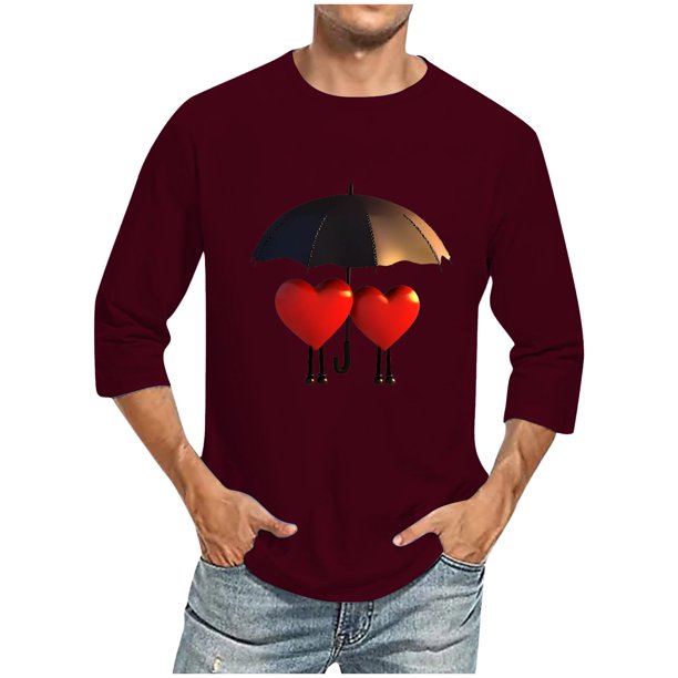 Camisas de Manga Larga para los Hombres Día de San Valentín Impresión Cuello Redondo Moda Casual, Mezcla de Poliéster de Lino de Algodón para Primavera Verano