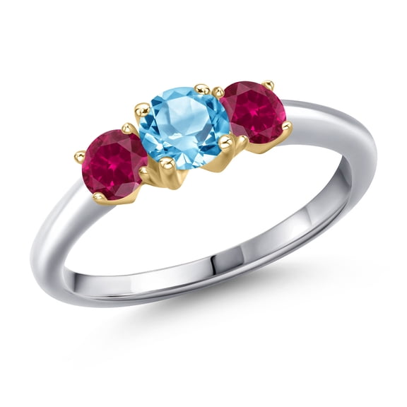 Gem Stone King 10K Two Tone Gold Swiss Blue Topaz and Red Created Ruby Engagement Ring for Women | 1.15 Cttw | Round 5MM | Gemstone November Birthstone | Size 9