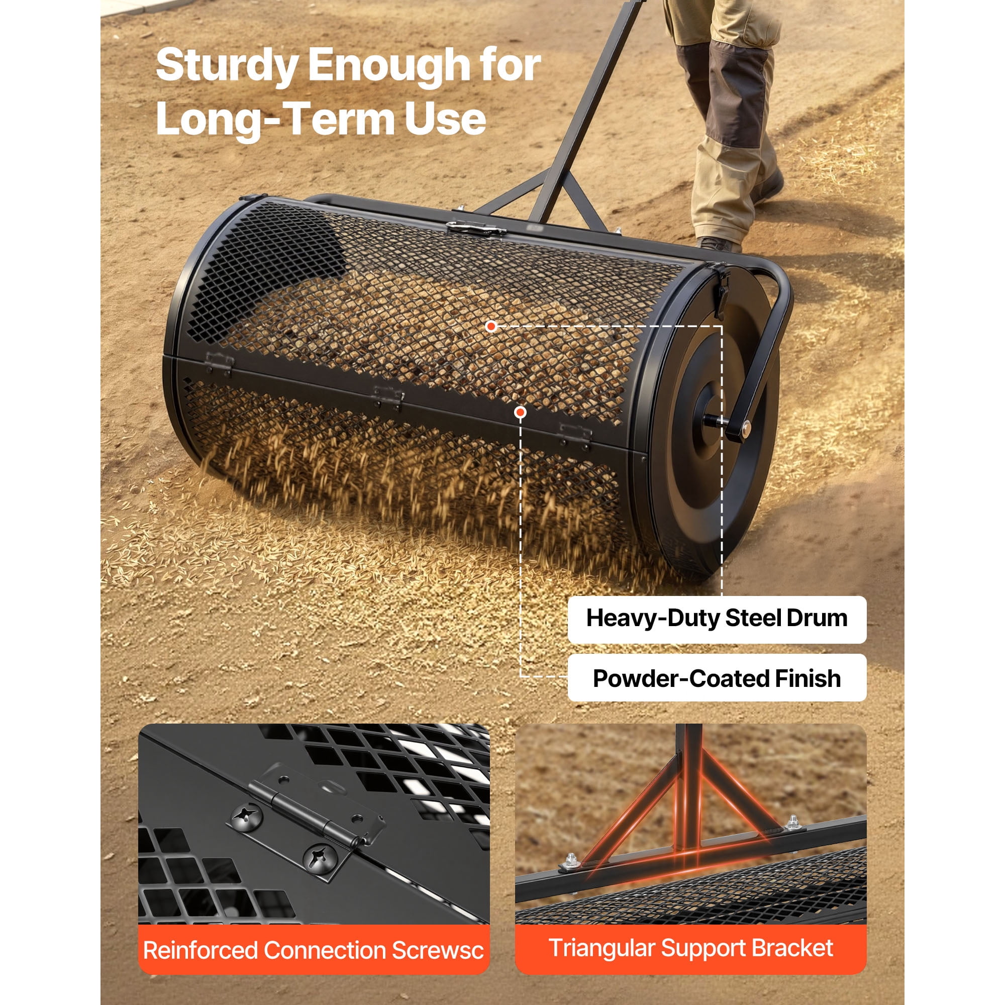 KFFKFF 36" Wide Compost Spreader with Adjustable Handle, Durable Steel Construction, Ideal for Spreading Peat Moss, Grass Seed, and Fertilizer, Black