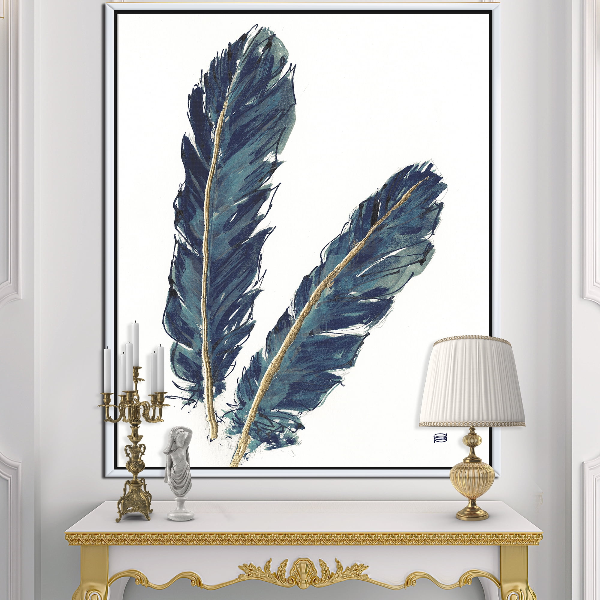 Designart ' Gold Indigo Feathers IV ' Modern Bohemian Framed Canvas