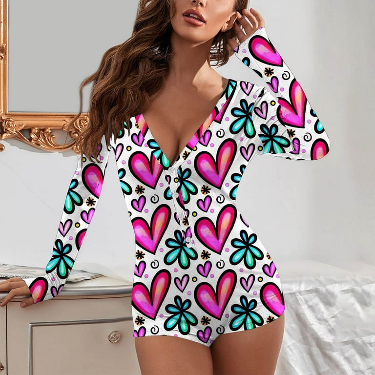 VALMASS Bodysuits for Women Shorts Plus Size Deep V Neck Printed Sexy  Rompers Tight Curvy Pajama Onesie (2XL, F Multicolor)