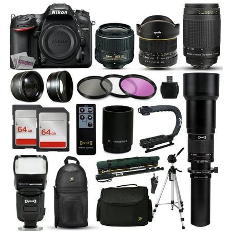 Nikon D7200 DSLR Digital Camera + 18-55mm VR II + 6.5mm Fisheye + 70-300mm G + 650-2600mm Lens + Filters + 128GB Memory + Action Stabilizer + i-TTL Autofocus Flash + Backpack + Case + 70" Tripod