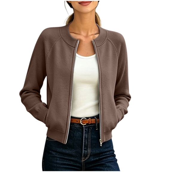 Guluxicc Women's Bomber Jackets with Pockets Full Zipper Long Sleeve Solid Casual Jackets for Everyday Wear Fall Winter Casual Outfits