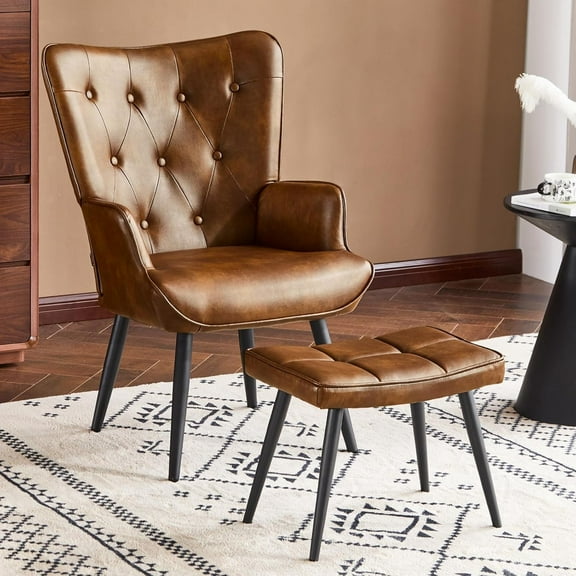 PU Leather Accent Chair with Ottoman, Upholstered Reading Chair with High Backrest, Tufted-Button Wingback Armchair for Bedroom, Dressing Room, Home Office, Brown
