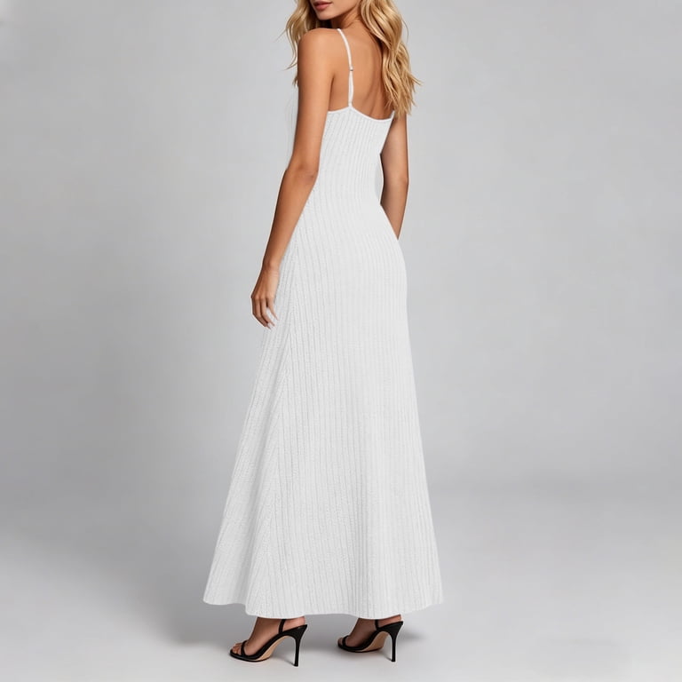FAKKDUK Women's Solid Color Sleeveless Ribbed Knit Maxi Dress, Spaghetti Strap with Pockets, Loose Fit Casual Long Dress, Comfortable Breathable