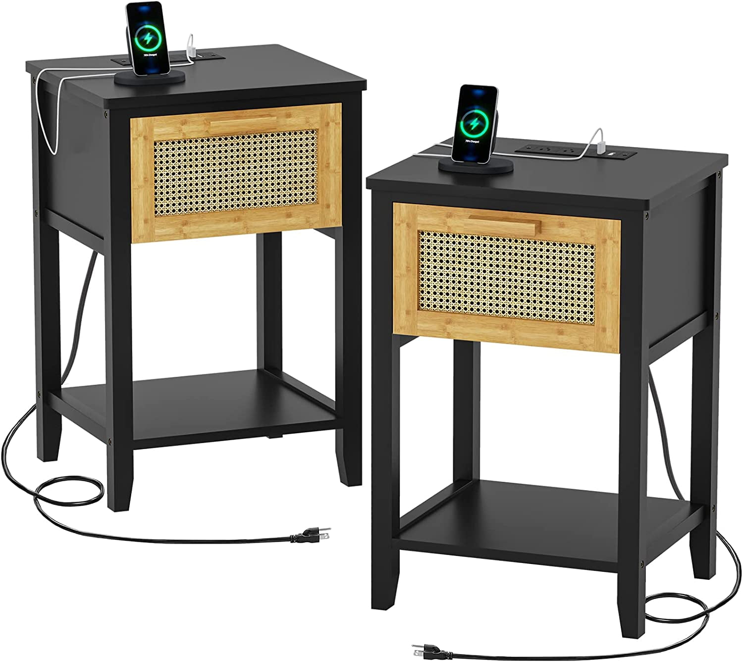 EPHEX Nightstands Set of 2, Rattan Nightstands with Charging Station and Drawer, Solid Wood