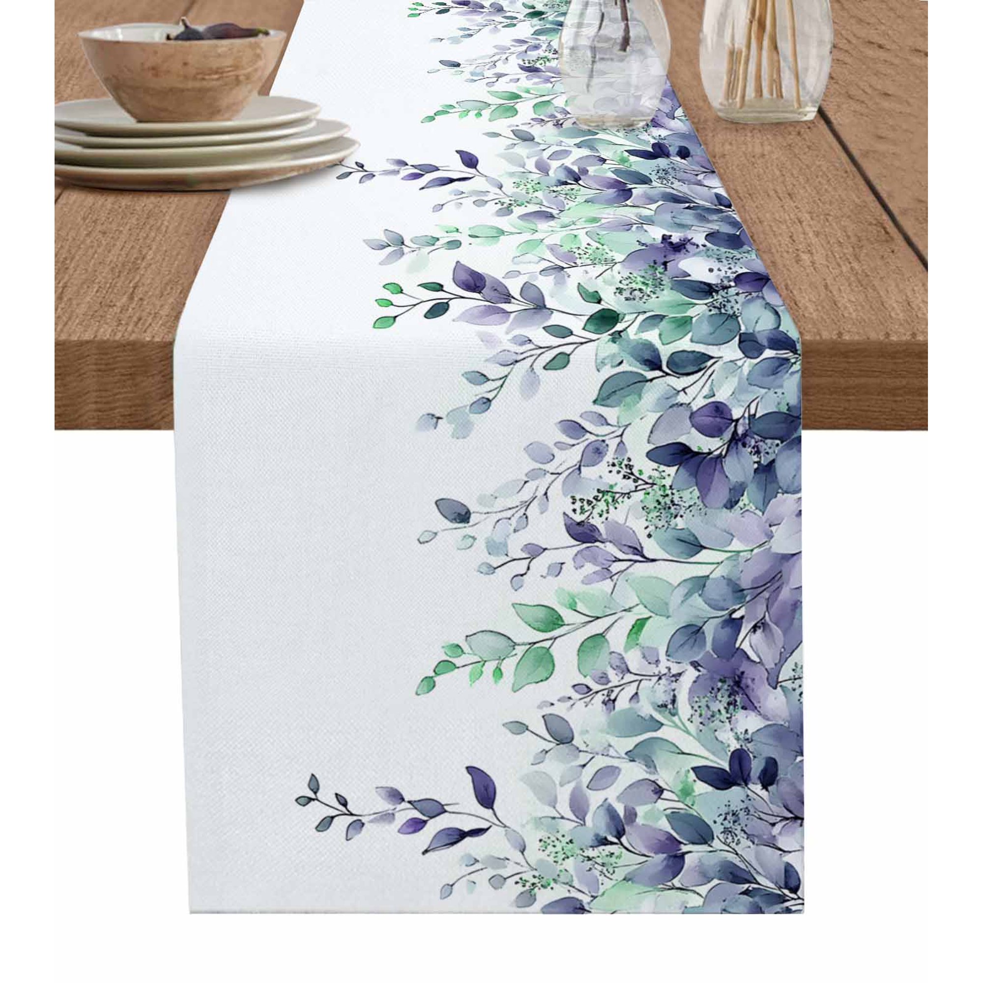 Boanket Eucalyptus Leaves Table Runner - 70 Inch Long Kitchen Dining Table Runner Dresser Scarves Purple Green Botanical Vines Floral Farmhouse Decor for Coffee Tables Wedding Party Banquet