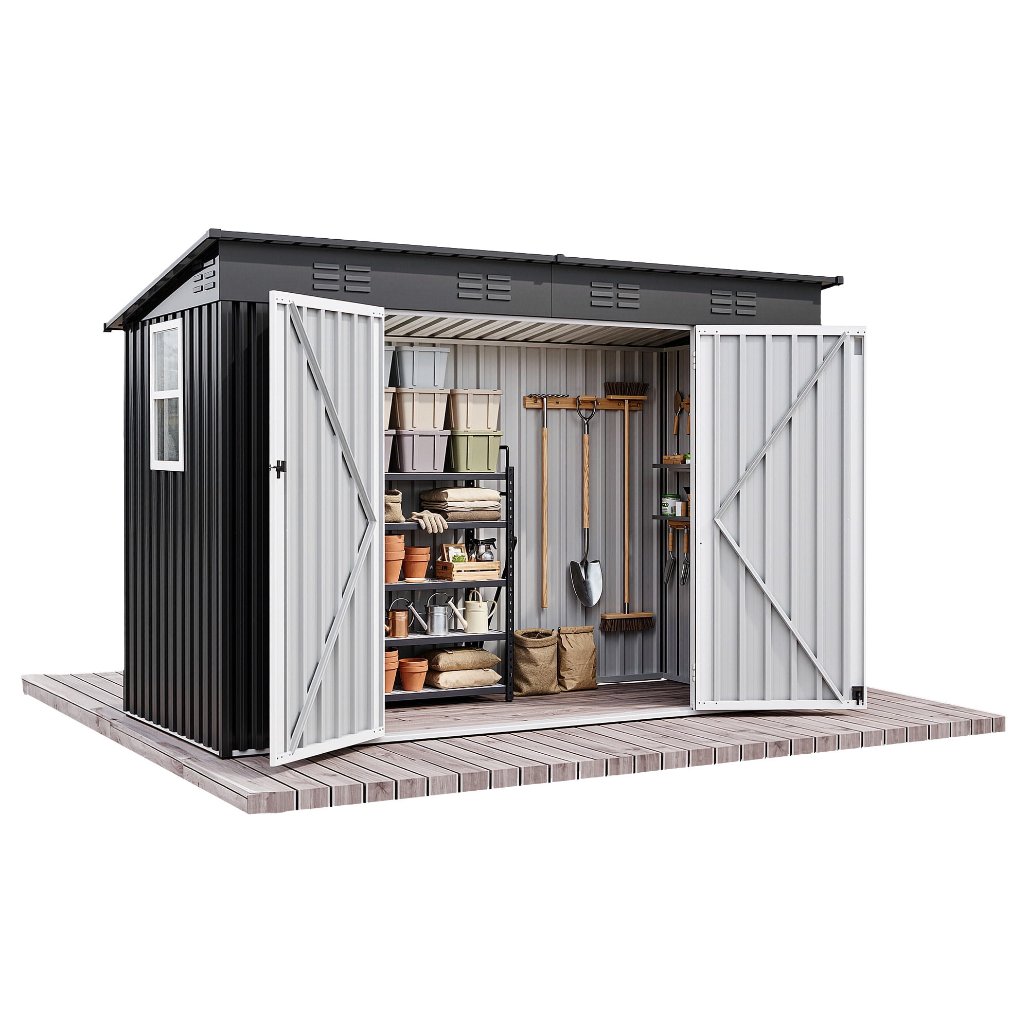 Uforic 9'x4' Steel Outdoor Storage Shed, Lockable Doors, Window & Sloped Roof, Heavy Duty Tool Shed for Garden Backyard Patio, Dark Gray