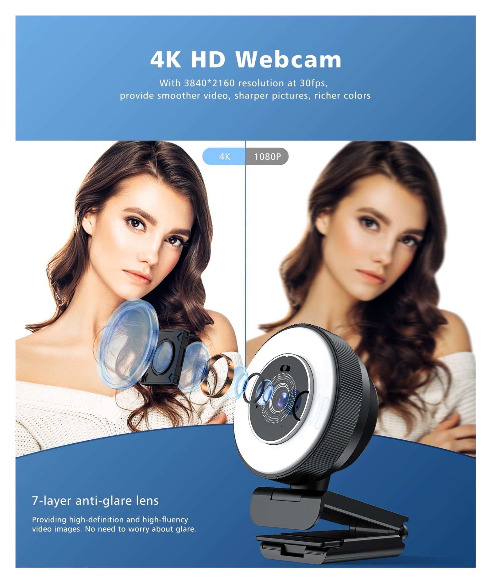 HD Webcam 4k 30fps With Adjustable Ring Light And Microphone, Autofocus Webcam With Privacy Cover For Conferencing, Live Streaming, Recording ,Full Clarity