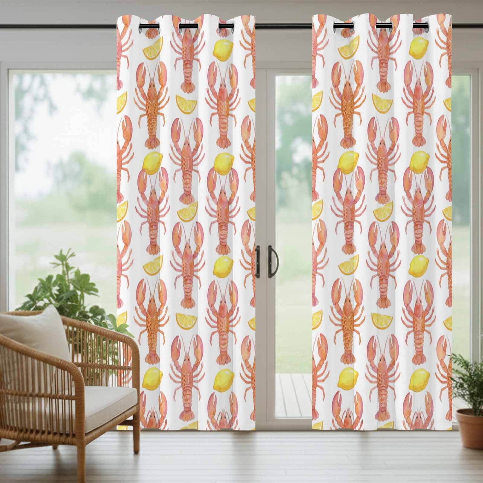 Ocean Orange Lobster Outdoor Curtains for Patio, Summer Nautical Sea Watercolor Yellow Lemon Sunshade Privacy Drapes Grommet Waterproof Outside Curtains for Porch/Cabana/Balcony 54"x 108", 1 Panel