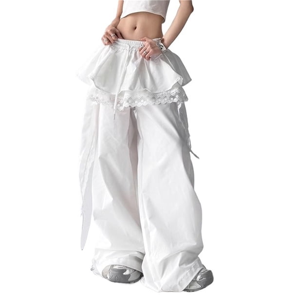 Pantalones cargo holgados y holgados for mujer, pantalones largos de cintura alta con retales de encaje y cierre de cordón