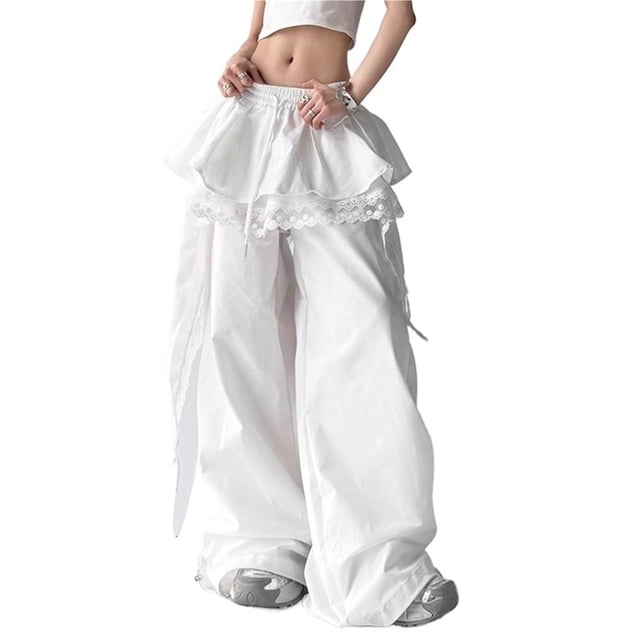 Pantalones cargo holgados y holgados for mujer, pantalones largos de cintura alta con retales de encaje y cierre de cordón
