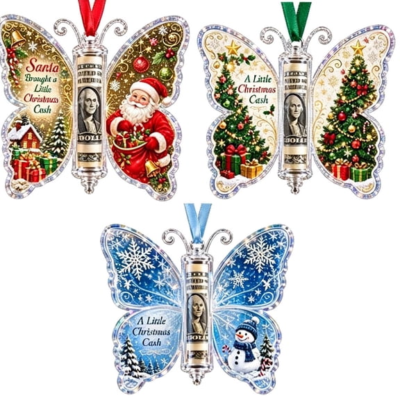 Christmas Cash Gift Butterfly Ornament, 3 PCS Acrylic Money Holder for Rolled Bills, Hanging Christmas Tree Decoration