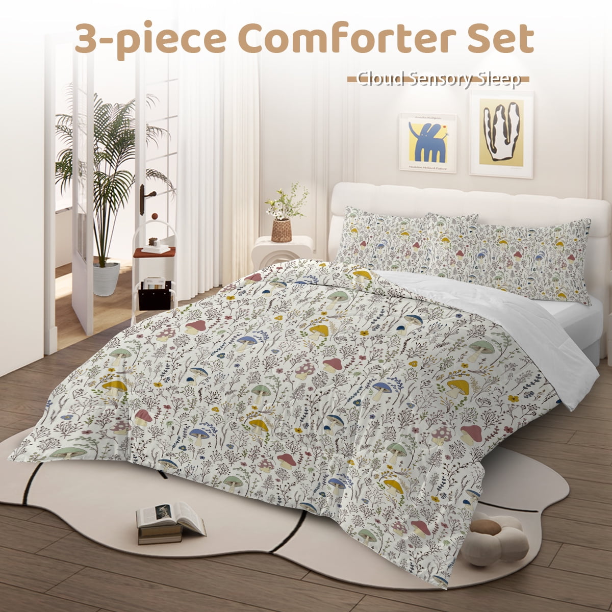 Sleepwish Kids Comforter Set, 3-Piece Mushroom Pastoral Bedding Sets for Girls Twin