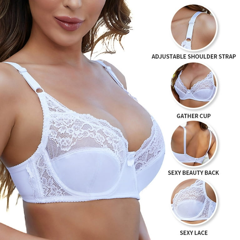Cheap Women Large Size Lace Thin Cotton Cups Gather Bra Full Coverage  Minimizer Jacquard Non Padded Lace Sheer Bra