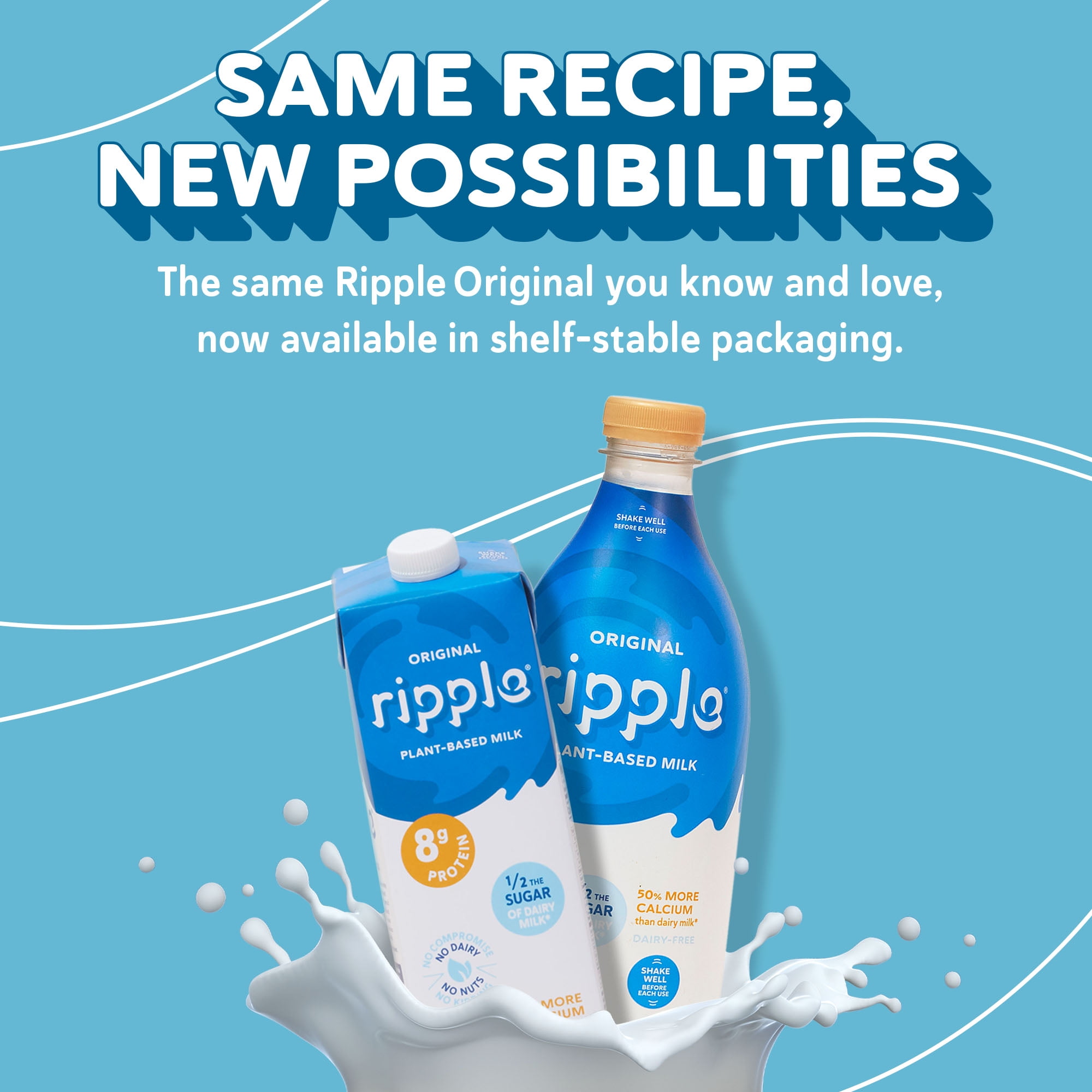 Ripple Original Non-Dairy Milk, Plant-Based, Shelf Stable, 32 oz, Pack of 6
