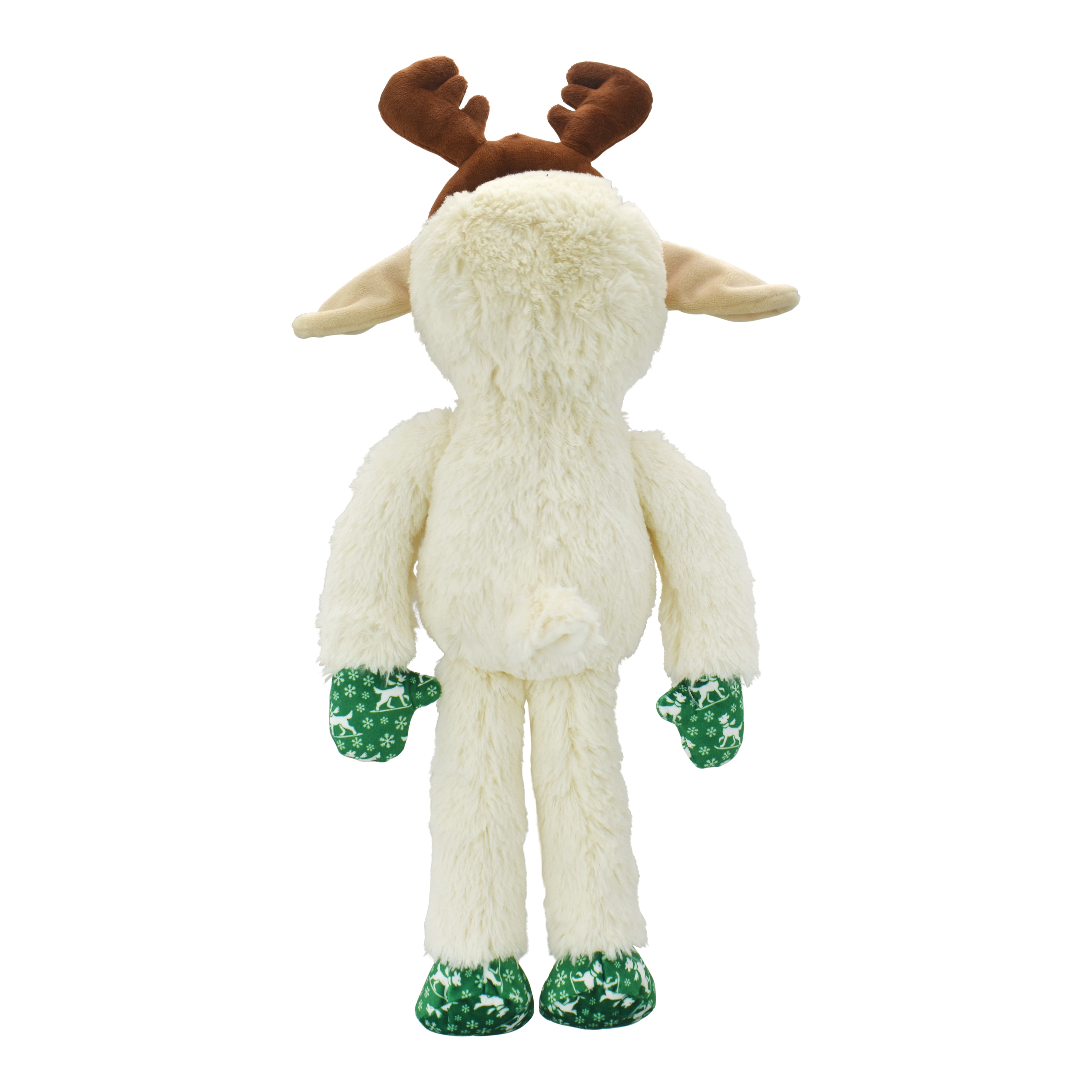 Multipet Plush Jumbo Holiday Lamb Chop Reindeer Dog Toy, Squeaker, Green and White Holiday Pattern Paws with Reindeer Antlers, 21"