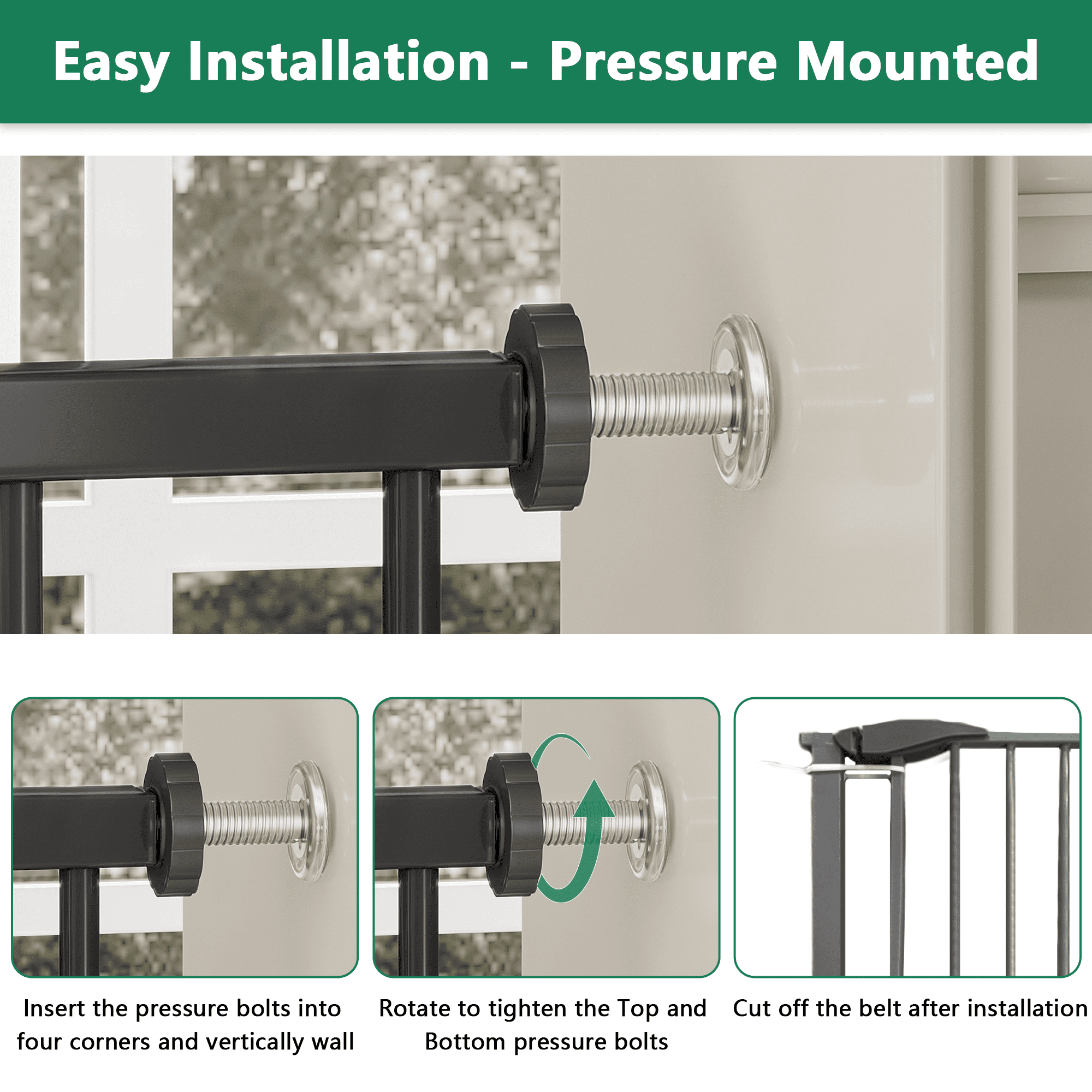 LuckyNote Adjustable Dog Gate for Stairs & Doorways, 29.5-44.1" Wide Pressure Mounted Pet Gate, No Drilling Easy Walk Through Safety Gate – Black