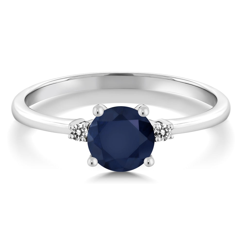 Gem Stone King 10K White Gold Blue Sapphire and White Diamond Solitaire Engagement Ring for Women (1.03 Cttw, Round 6MM, Gemstone September Birthstone, Size 9)