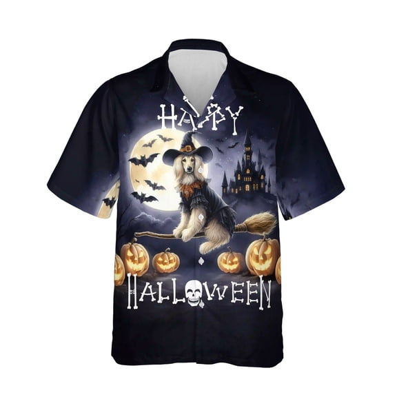 Happy Halloween Afghan Hound Witch Pumpkins Bats Hawaiian Shirt Breathable Summer Unisex Merch Dog Lover - 13012