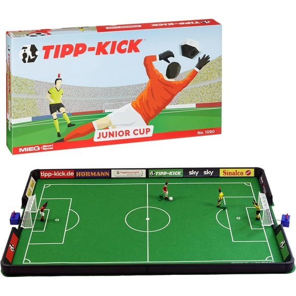 TIPP-KICK Junior Cup Soccer Tabletop Game Set – Large Felt Field with Borders, 2 Metal Kickers, 2 Goalkeepers, Goals and Balls – German Family Soccer Toy for Kids and Adults, Portable Sports Fun