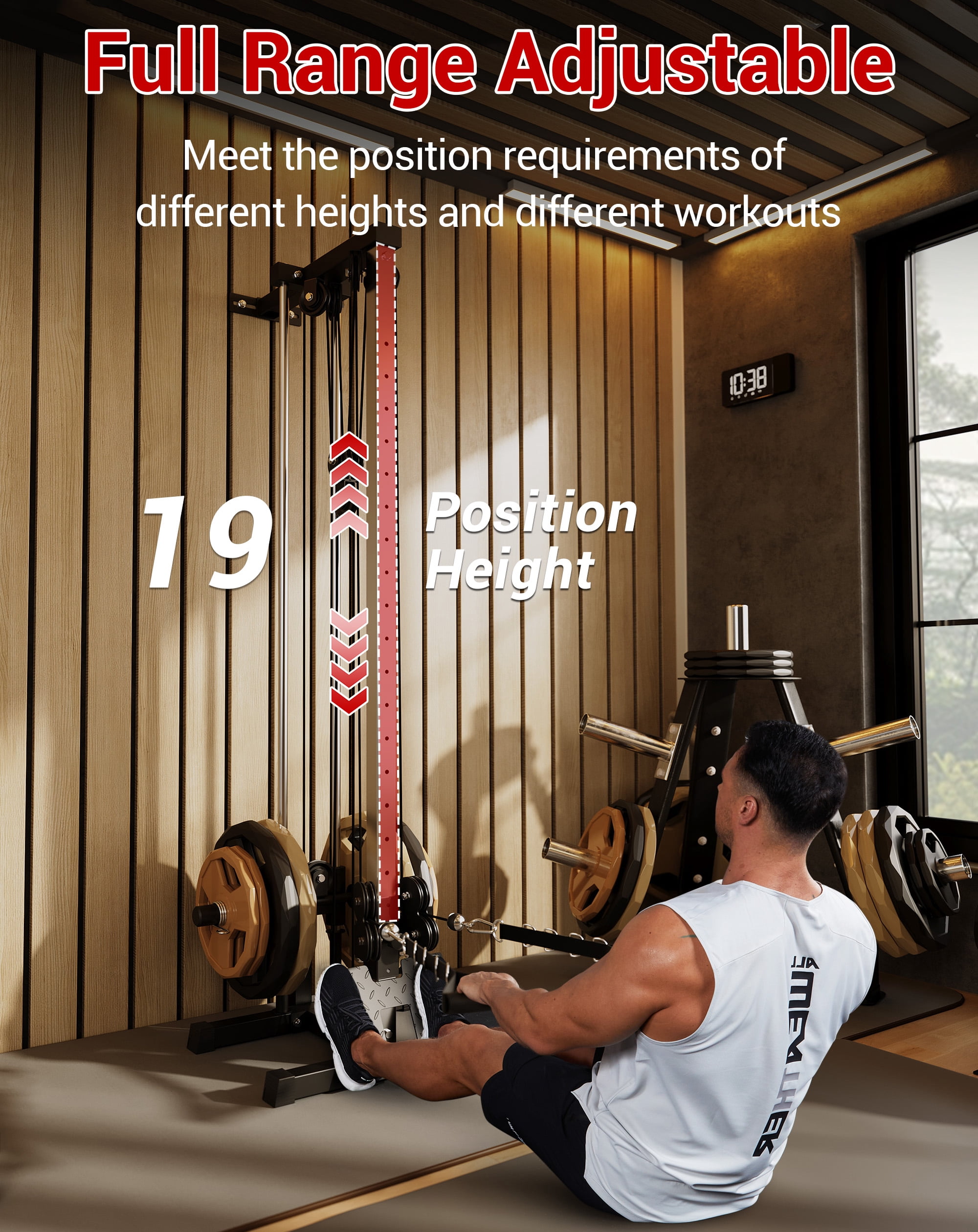 JoanKaren Cable Crossover Machine, Wall Mount LAT Pull Down Machine with 19 Positions Dual Pulley System,Home Gym Station