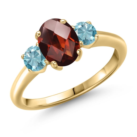 Gem Stone King 2.53 Ct Oval Checkerboard Red Garnet Blue Zircon 18K Yellow Gold Plated Silver Ring (Size 8)