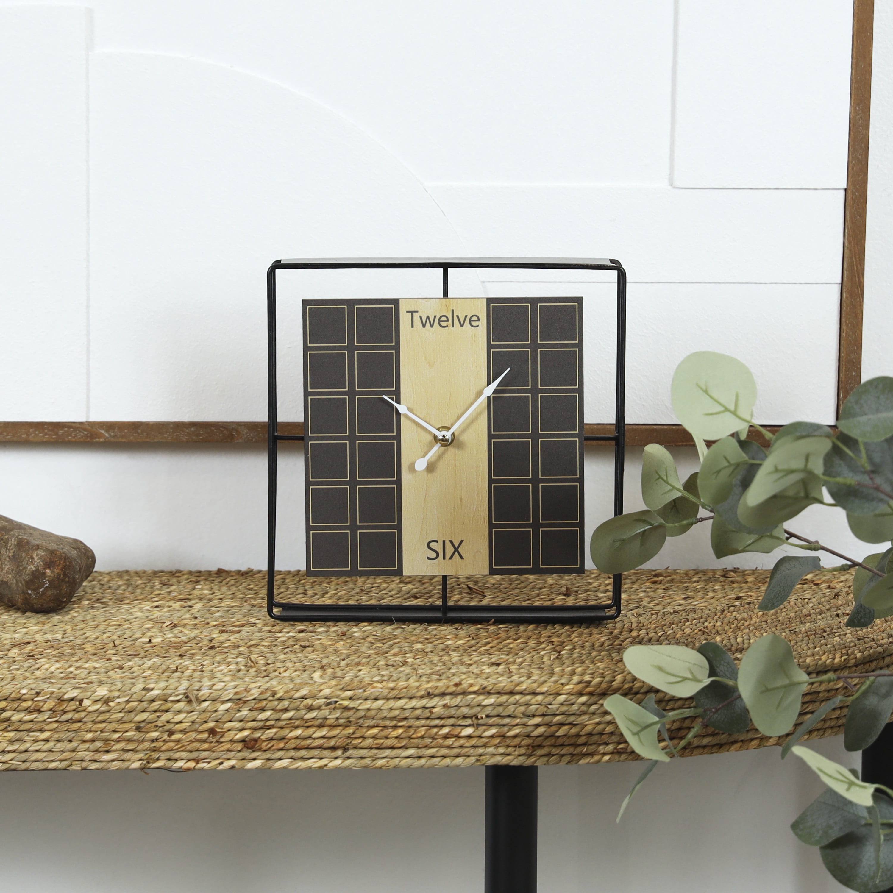 DecMode 9" Black Wooden Geometric Open Frame Square Clock with Grid Pattern