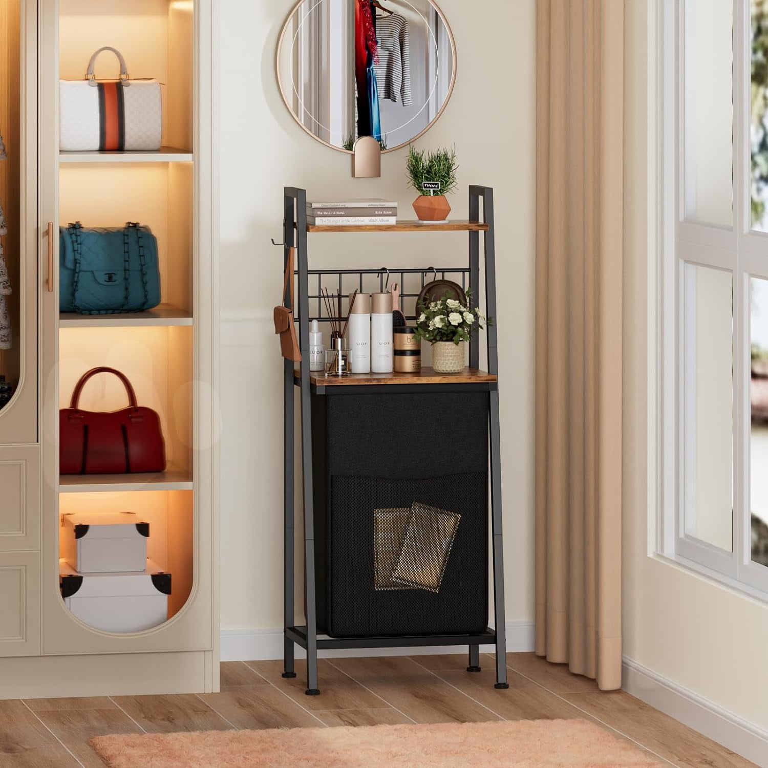 MX-Laundry Hamper, Vertical Laundry Basket with 2 Tiers Wooden Shelf and Hooks, Clothes Hamper with Pull-Out and Removable Bag for Bathroom, Bedroom, Dorm, 13.21 Gallons (50L)