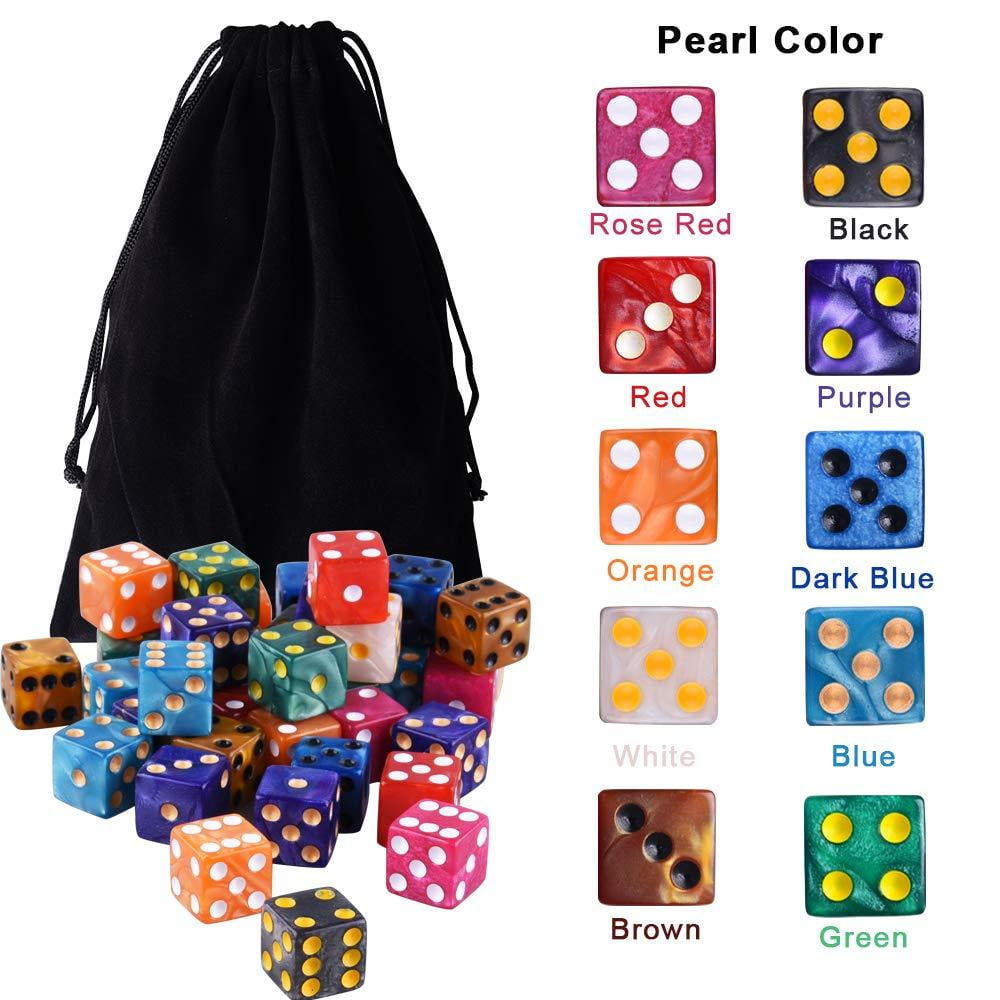 AUSTOR 100 Pieces 6 Sided Dice Set 10 Colors 16mm Acrylic Dice with a Free Pouch 